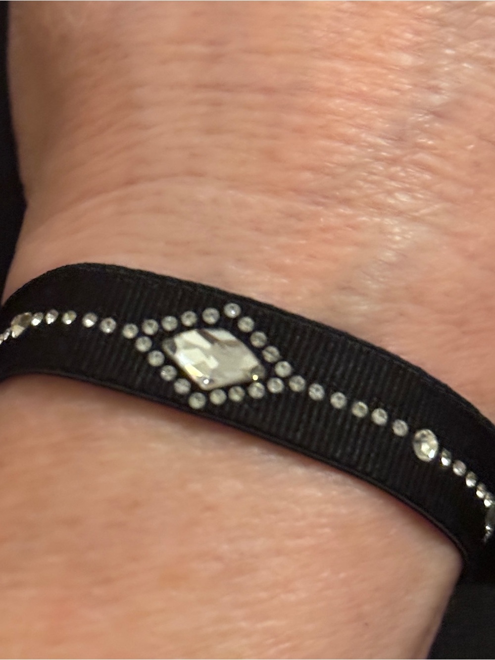 Black Crystal Ribbon Wrist Band with Clear Accent Gem